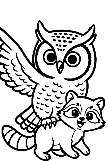 Great Horned Owl with Playful Baby Raccoon