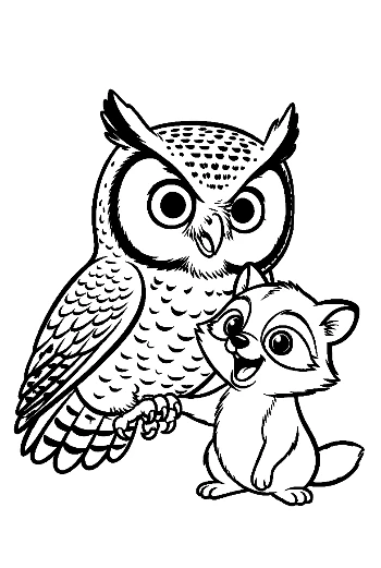 Great Horned Owl with Playful Fox Kit