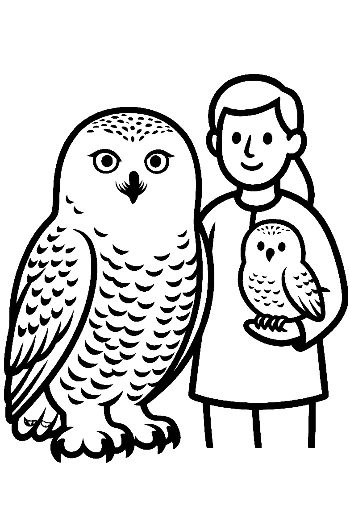 Smiling Girl with Big and Baby Snowy Owls