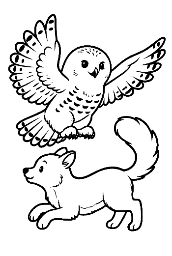 Snowy Owl Flying Over Playful Arctic Fox
