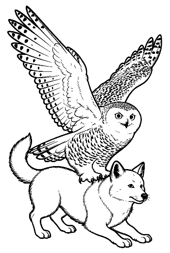 Snowy Owl Soaring atop Arctic Fox