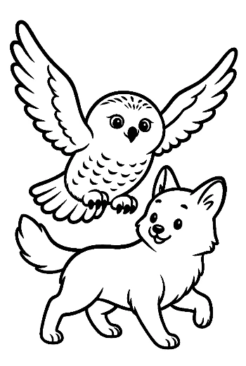 Snowy Owl Soaring Playfully Over Cute Arctic Fox