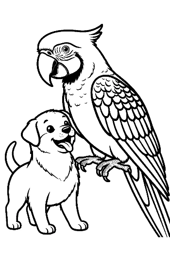 Cheerful Macaw Parrot and Playful Puppy Duo