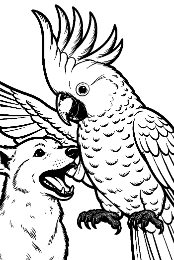 Cockatoo and Husky in Playful Tug-of-War