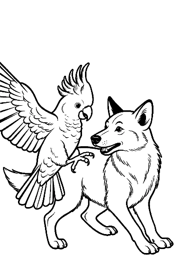 Cockatoo Parrot Playfully Perched on Smiling Wolf