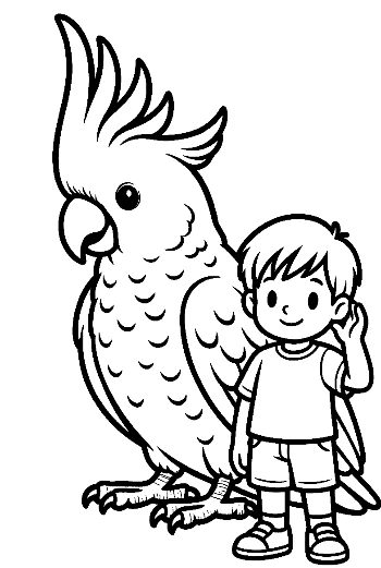 Little boy waving happily to giant Cockatoo