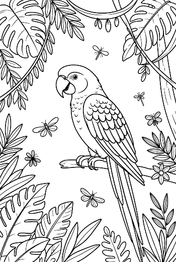 Lovely Cockatoo Bird Sitting Among Jungle Flowers and Leaves Printable