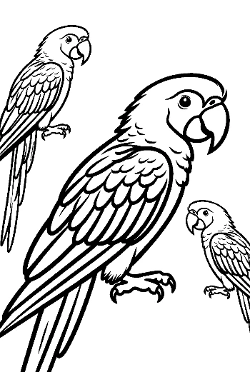 Three Cute Macaw Parrots in Outline