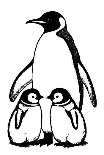 Emperor Penguin Parent with Two Cute Chicks