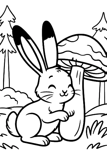 Curious Jackrabbit Leaning Against a Tall Mushroom Stalk Printable