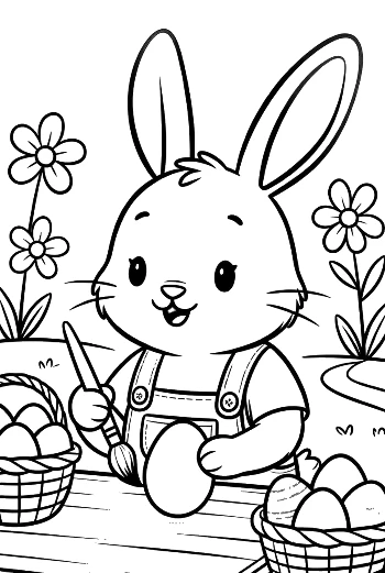 Cute Bunny Dressed in Overalls Painting Colorful Easter Eggs Printable