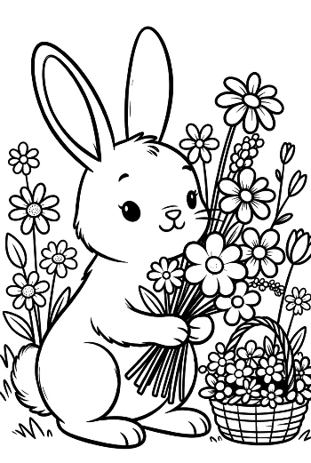 Cute Bunny Rabbit Holding a Large Bouquet of Spring Flowers Printable