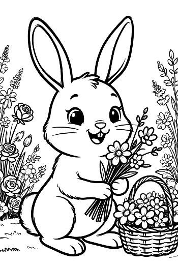 Playful Bunny Holding a Bunch of Wild Flowers in the Garden Printable