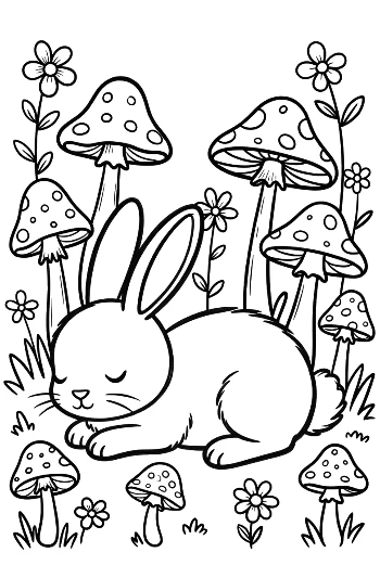 Sleepy Bunny Rabbit Napping Under Giant Forest Mushrooms Printable