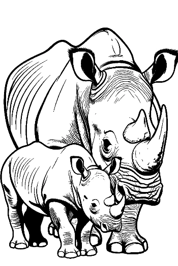 Mother White Rhino and Calf Outline