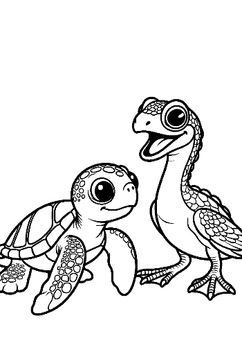 Cute Hatchling Sea Turtle and Baby Duck Friend