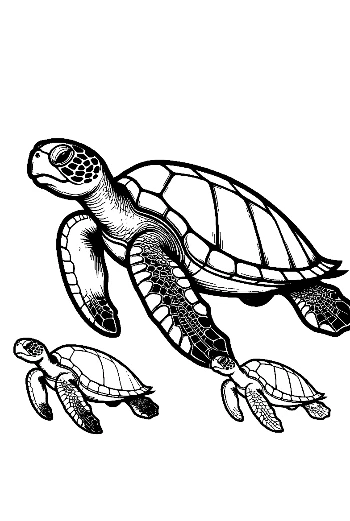 Green Sea Turtle Mother and Baby Swimming