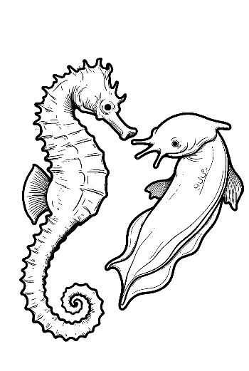 Seahorse and Dolphin Line Art Duo