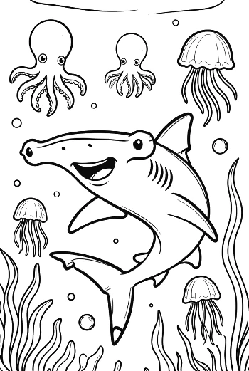 Hammerhead Shark Exploring a Garden of Sea Anemones Printable