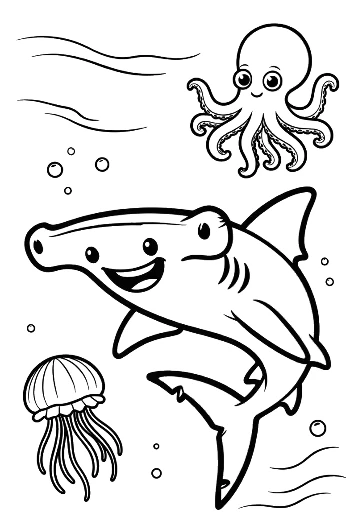 Hammerhead Shark Meeting a Friendly Little Octopus Printable