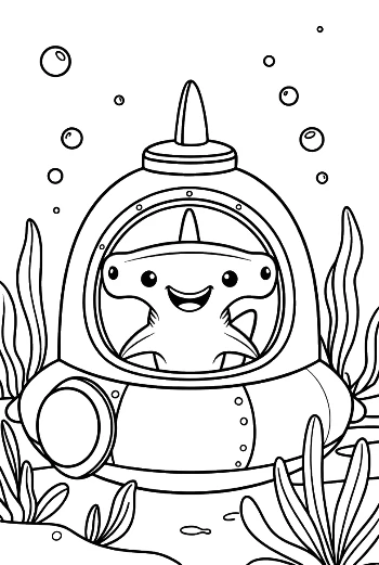 Hammerhead Shark Piloting a High-Tech Deep Sea Submarine Printable
