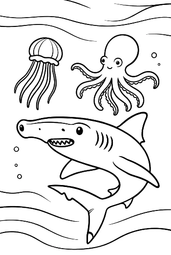 Happy Shark Family Swimming Together in the Bubbles Printable