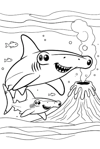 Strong Hammerhead Shark Jumping Over a Sea Volcano Printable