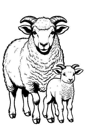 Woolly Mother Sheep and Lamb