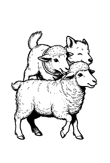 Woolly Sheep with Playful Wolf Companion