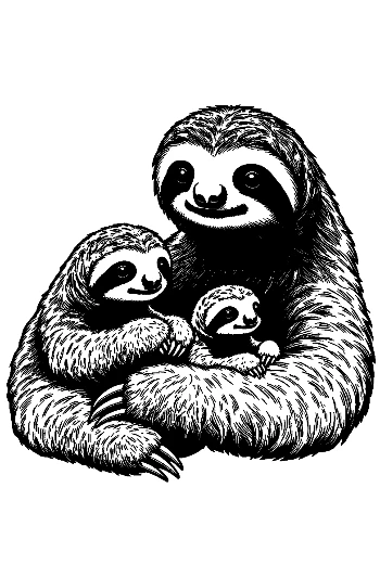 Mother Three-Toed Sloth Embracing Babies