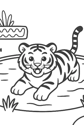 Adorable Tiger Cub Exploring a Tropical Watering Hole Printable
