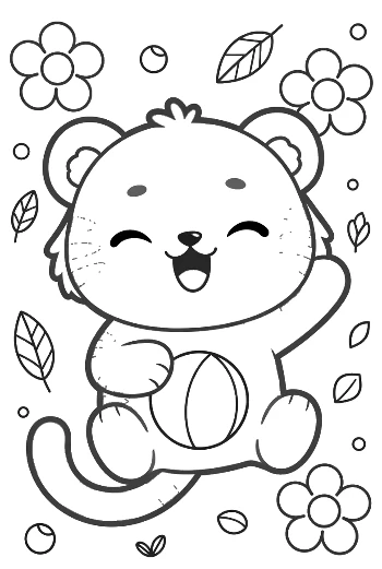Cheerful Baby Tiger Cub Waving in a Flower Field Printable
