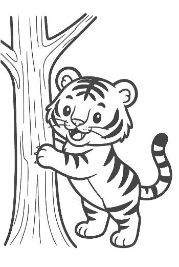 Curious Baby Tiger Climbing a Thick Tree Trunk Printable