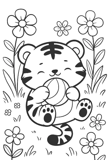 Cute Baby Tiger Holding a Ball in a Garden Printable