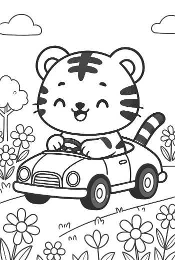 Cute Tiger Cub Driving a Toy Car Through Flowers Printable