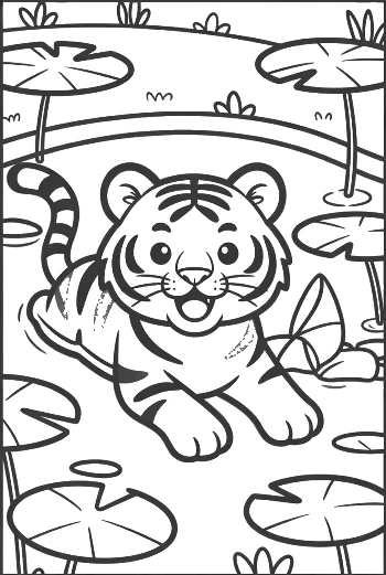 Cute Tiger Cub Observing Frogs in a Marsh Printable