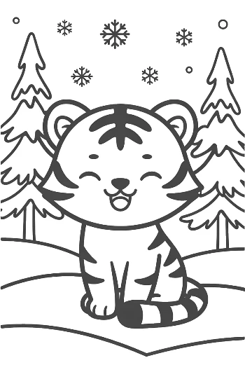 Cute Tiger Cub Sitting in a Snowy Winter Forest Printable