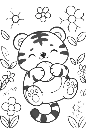 Happy Tiger Cub Playing with a Ball in Flowers Printable