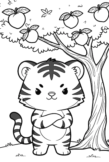 Little Bengal Tiger Cub Posing Near an Apple Tree Printable