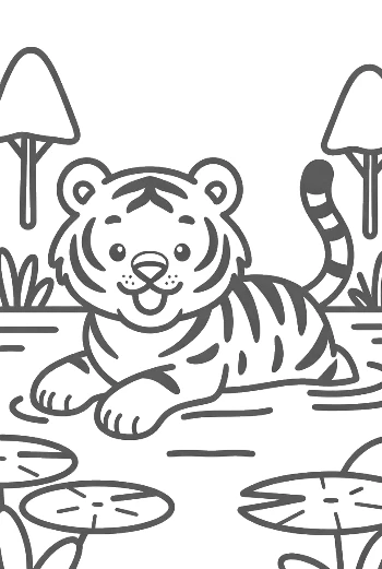 Little Bengal Tiger Sitting by a Lily Pad Pond Printable