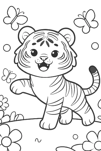 Adorable Tiger Cub Dancing with Butterflies in the Sun Printable