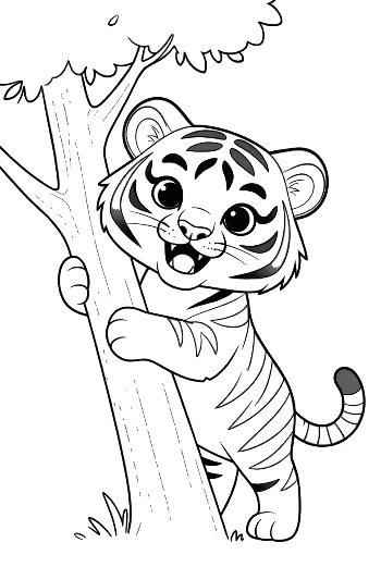 Baby Tiger Cub Hugging a Tree Trunk in the Forest Printable