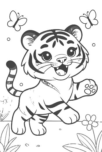 Cheerful Baby Tiger Reaching for a Flying Butterfly Printable