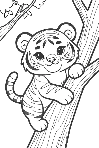 Curious Tiger Cub Climbing Up a Tall Forest Tree Printable