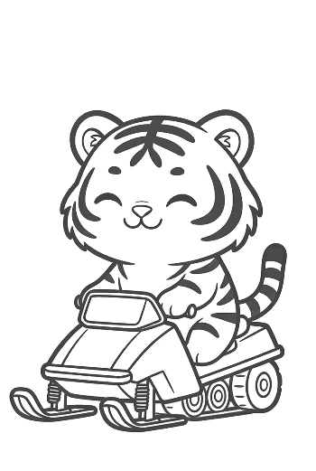 Adorable Cachorro de Tigre Siberiano en Motonieve por la Nieve Hoja para Colorear Imprimible