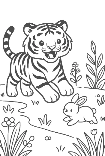 Little Tiger Cub Meeting a Bunny in a Flower Meadow Printable