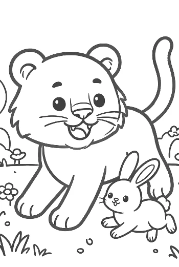 Playful Baby Tiger Chasing a Bunny Through the Field Printable