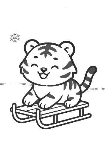 Playful Tiger Cub Sliding Down a Snowy Hill on a Sled Printable