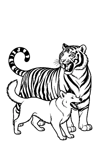 Siberian Tiger and Wolf Howling Outline