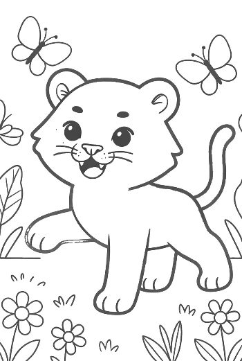 Siberian Tiger Cub Playing with Butterflies in a Meadow Printable